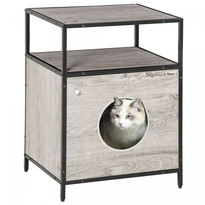 Pawhut Wooden Cat House Kitty Shelter Bed With Washable Cushion And Open Shelf, Grey, 19\" X 15.75\" X