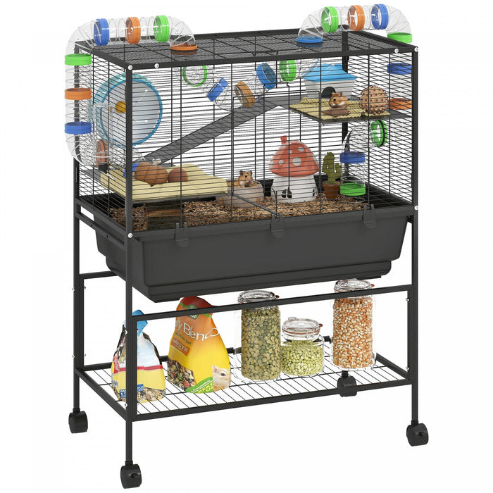Pawhut Large Hamster Cage With 7" Deep Tray, 3 Tier Rolling Gerbil Cage With Storage Shelf, Big Exercise Wheel, Tube System, Hut, Platforms, Ramps, For Syrian, Gerbil, Rat