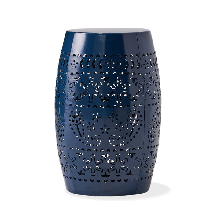 Phoenix Indoor 12\" Barrel Shape Iron Side Table With Lace-cut Design - Navy Blue 