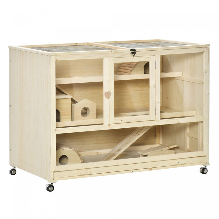Pawhut Wooden Hamster Cage, 3 Tier Rat Cage With Openable Roof, Run, Ladders, Wheels, Tray, For Hams