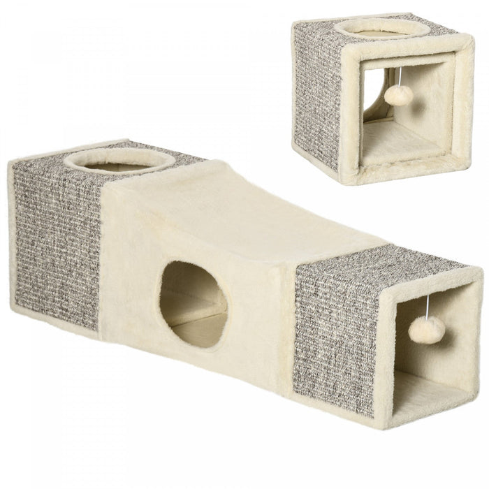 Pawhut 39" Long Cat Tunnel With Hanging Ball, Plush Catio Outdoor Cat Enclosure With Two Caves, Cream White