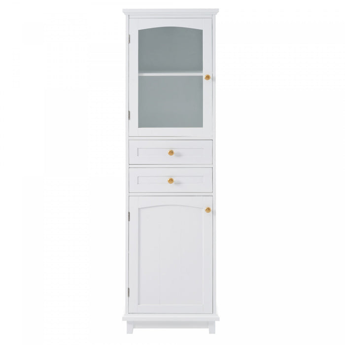 Jamie 63\" Pine Wood Tall Bathroom Storage Cabinet With Adjustable Shelves And Glass Doors - White 