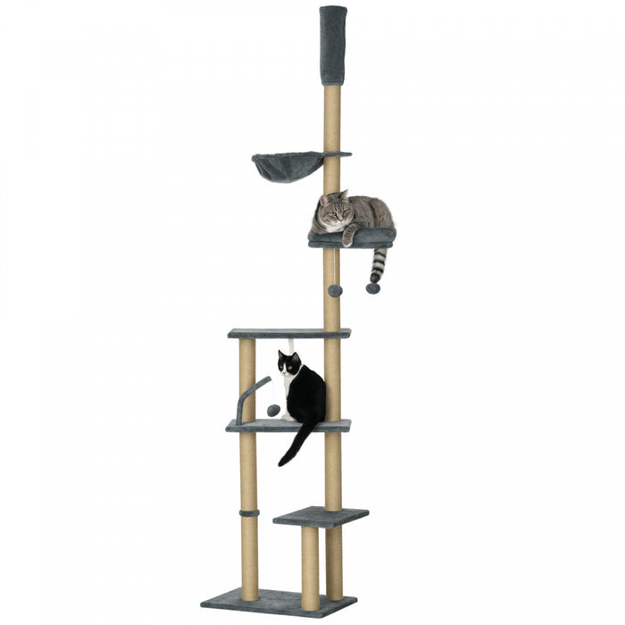 Pawhut floor To Ceiling Cat Tree, 90.5" - 98.5" Adjustable height Cat Tower with Scratching Post, Dangling Balls, Platforms, Bed, Hammock, Grey