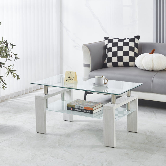 Lucius Modern Geometric Design Tempered Glass Coffee Tablewith Metal Frame and Clear Glass,White  