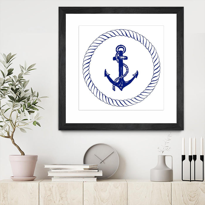 \"Blue Nautical Circle I\" Matted and Framed Black 30x30 Wall Art
