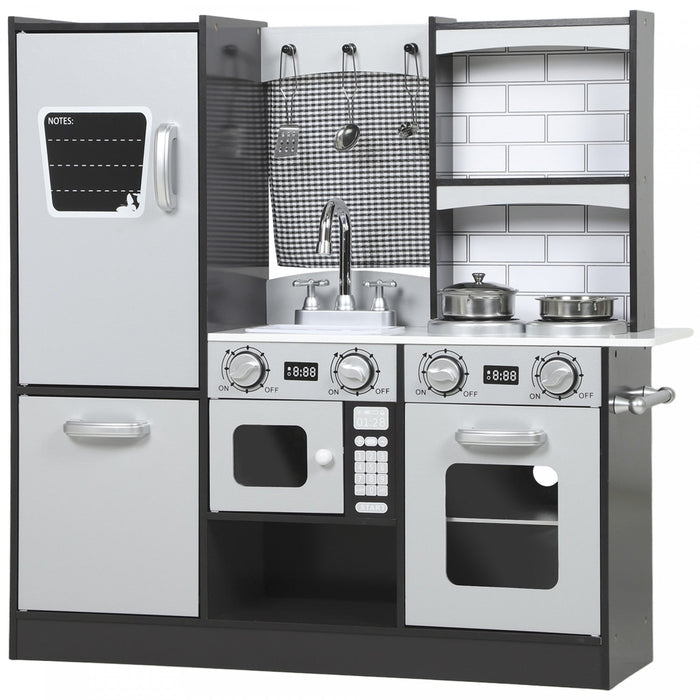 Qaba Play Kitchen for Kids, Pretend Kids Kitchen Playset with Switch Knob Sound, Accessories, Fridge, Microwave, Sink and Towel Rack, for Toddlers Ages 3-8 Years Old, Dark Brown