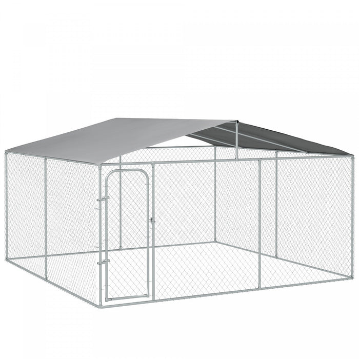 Pawhut Dog Kennel Outdoor Run Fence With Roof, Steel Lock, Mesh Sidewalls For Backyard & Patio, 13.1