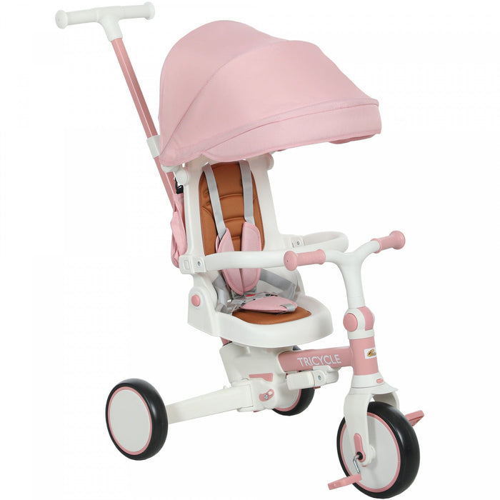 Qaba Toddler Tricycle, 7 In 1 Kids Trike With Adjustable & Removable Parent Handle, Canopy, Safety Harness, Folding Pedal, Storage Bag, Brake, Clutch, For 1-5 Years, Pink