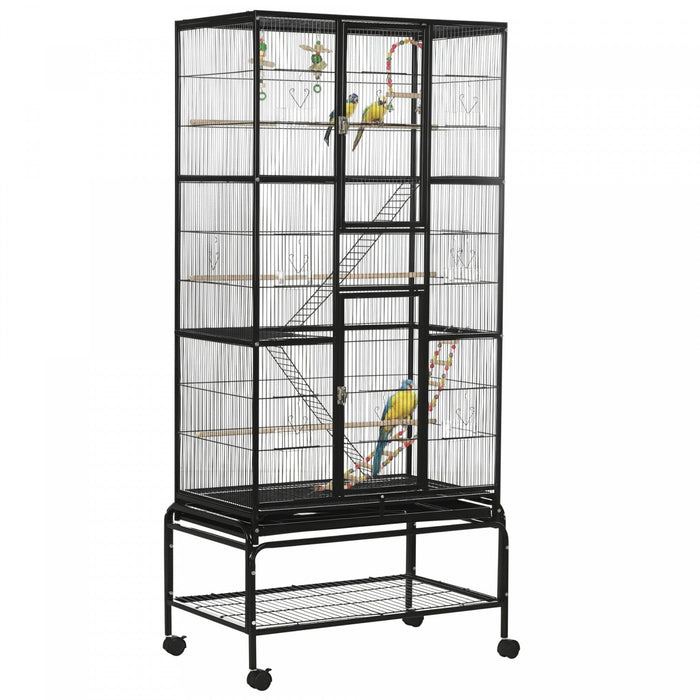 Pawhut 71" Bird Cage, 3 Tier Large Parrot Cage With Wheels, Perches, Ramp, Storage Shelf, Toys For Canaries, Finches, Cockatiels, Parakeets, Black