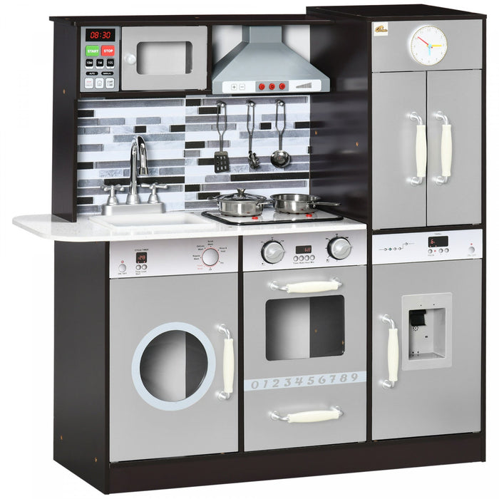 Qaba Wooden Play Kitchen With Lights Sounds, Kids Kitchen Playset With Washing Machine, Water Dispen