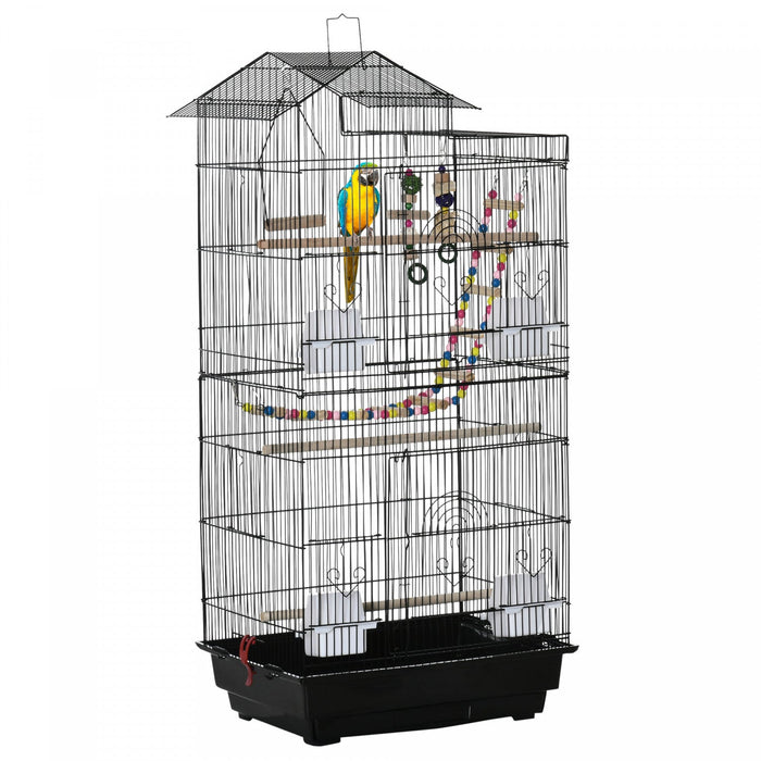 Pawhut 39" Bird Cage For Budgie, Cockatiel, Conure, Small Birds, Parrot Cage With Ladder, Swing, Toys, Perches, Tray, Feeding Bowls, Handle, Black