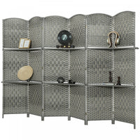 HOMCOM Folding Privacy Screen with Shelves, 6 Panel Room Divider, Grey