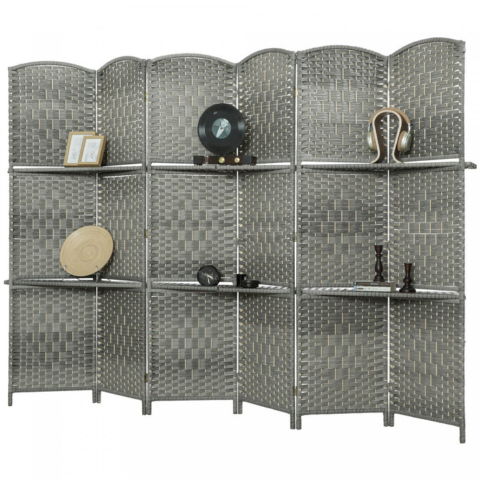 HOMCOM Folding Privacy Screen with Shelves, 6 Panel Room Divider, Grey