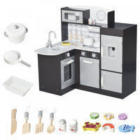 Qaba Kids Kitchen Play Cooking Toy Set For Children With Drinking Fountain, Microwave, And Fri - Black