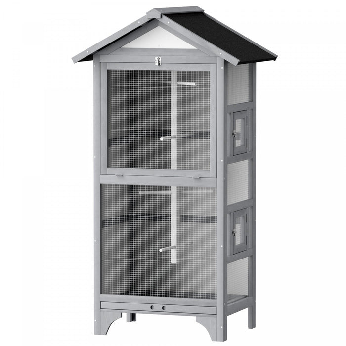 Pawhut 62.5" H Large Wooden Bird Cage Outdoor Indoor For African Grey Small Quaker Amazon Parrot Cockatiel Sun Parakeet Green Cheek Conure Dove Lovebird Budgie Play, Light Grey