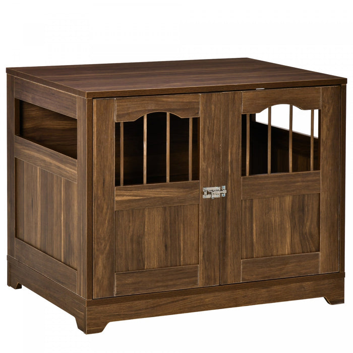 Pawhut 29.5\" Wooden Dog Cage With Windows, End Table Furniture Style, Modern Pet Kennel With Lockabl
