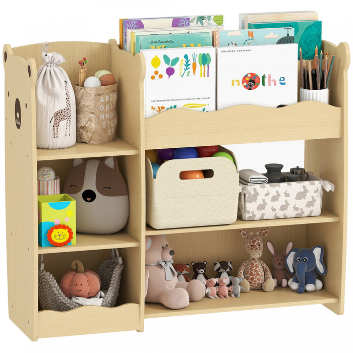 Qaba Kids Bookshelf and Toy Storage Organizer, 3 Tier Montessori Bookcase with Bear Design, Toy Organizer with Open Display for Nursery, Playroom, Bedroom, Natural