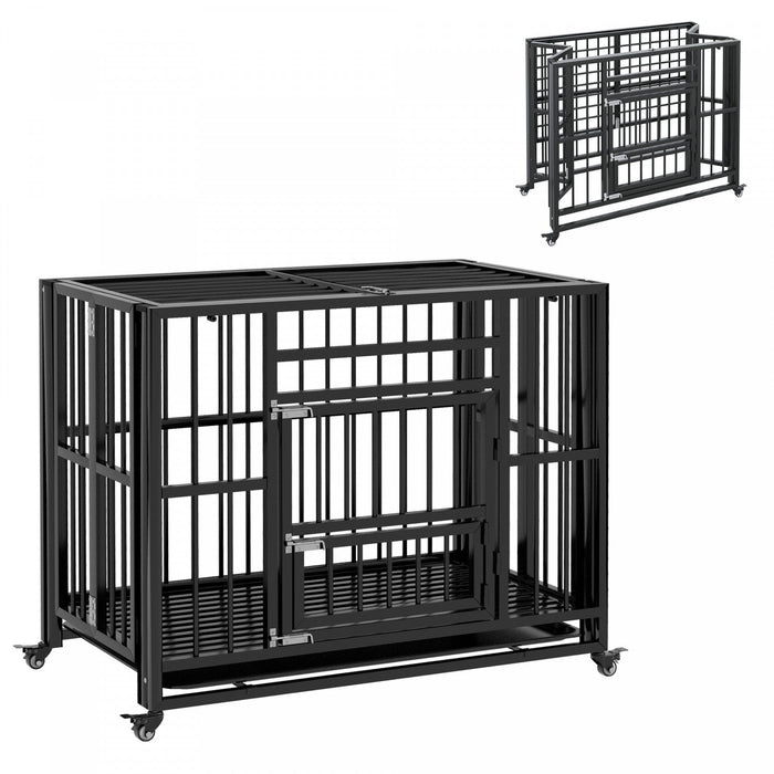 Pawhut 37\" Heavy Duty Dog Crate With Wheels For Small And Medium Dogs, Folding Dog Cage With Double 