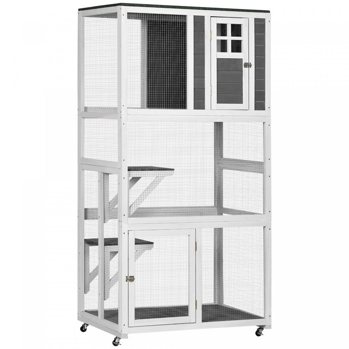 Pawhut 74\" Wooden Outdoor Cat House Weatherproof & Wheeled, Catio Outdoor Cat Enclosure With High We