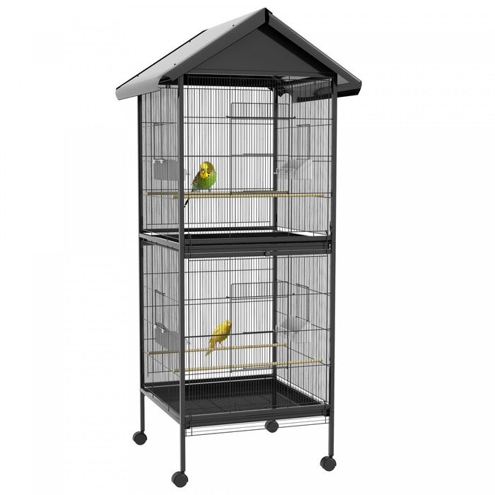 Pawhut Wrought Metal Bird Cage Feeder With Rolling Stand Perches Food Containers Doors Wheels 67\" H,