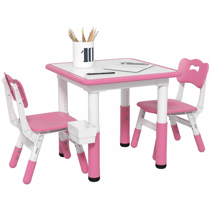 Qaba 3 Pieces Kids Table And Chair Set, Height Adjustable Toddler Table And Chair Set, Activity Tabl