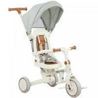Qaba Toddler Tricycle, 7 In 1 Kids Trike With Adjustable & Removable Parent Handle, Canopy, Safety Harness, Folding Pedal, Storage Bag, Brake, Clutch, For 1-5 Years, Cream White