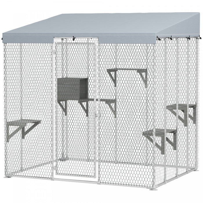 Pawhut Catio Outdoor Cat Enclosure Large, 79" L Galvanized Steel Outdoor Cat House With 420d Waterproof Canopy, Multiple Platforms, Resting Condo, Lockable Door, For 1-3 Large Cats