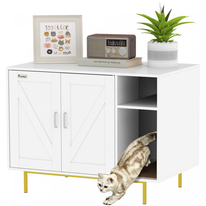 Pawhut Cat Litter Box Enclosure, Litter Box Furniture With Scratching Pad, 2-door Storage Cabinet, Indoor Cat House For Living Room, Bedroom, 31.5" X 20" X 24", White