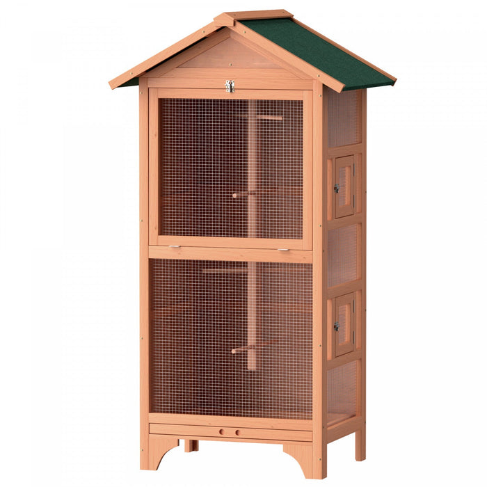 Pawhut 62.5" H Large Wooden Bird Cage Outdoor Indoor For African Grey Small Quaker Amazon Parrot Cockatiel Sun Parakeet Green Cheek Conure Dove Lovebird Budgie Play, Orange