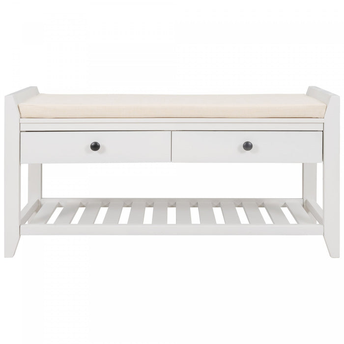 Stephanie Pine Wood Shoe Rack Bench With Cushioned Seat With Storage Drawers - White 