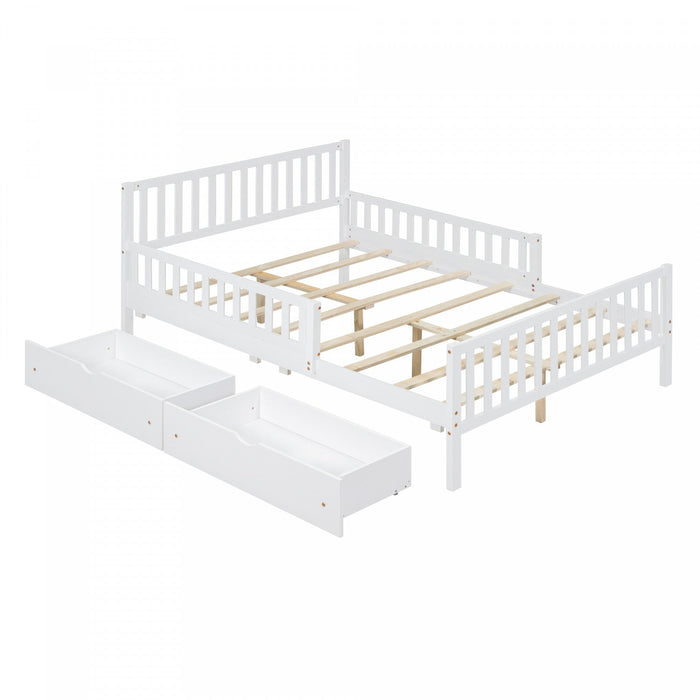 Emma Wood Platform Bed with Guardrails and Storage Drawers,Full Size - White 