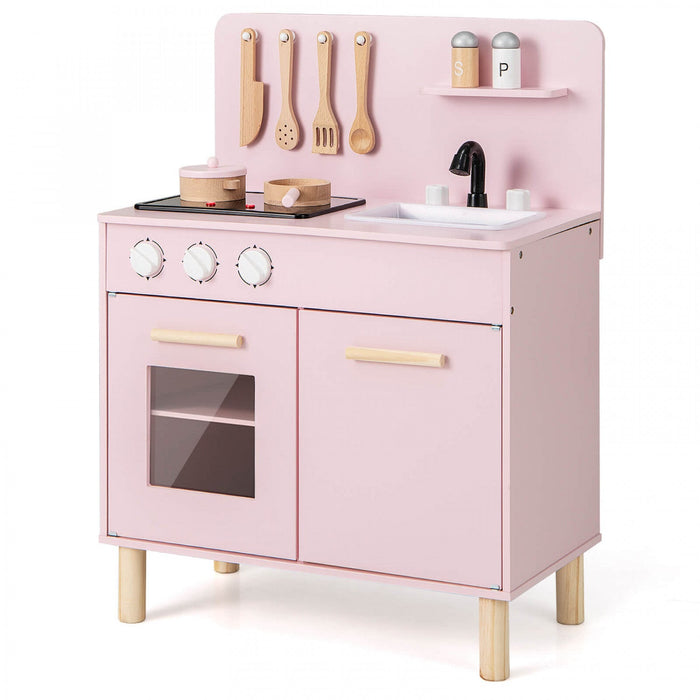 Costway Kids Kitchen Playset With Light Up Stove & Cooking Sounds Oven Sink Faucet Pink