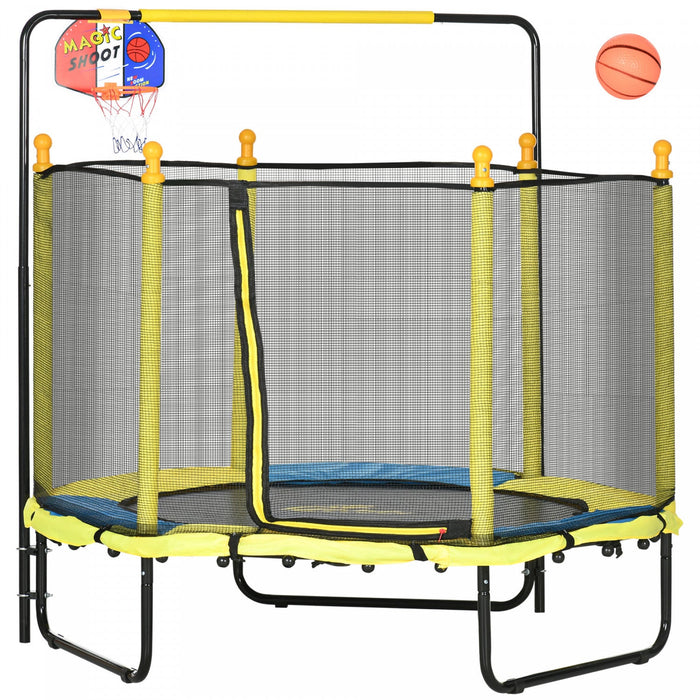 Qaba 55" Trampoline for Kids, 47.2"-55.1"H Indoor Outdoor Toddler Trampoline with Safety Enclosure Net, Baby Recreational Play for Boys and Girls, Ages 3-10, Yellow
