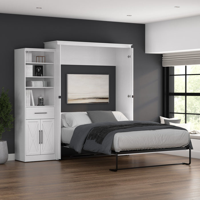 Bestar Key West Queen Murphy Bed & Closet Organizer with Drawer & Doors (94 W) - Pure White Oak