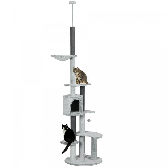 Pawhut Floor To Ceiling Cat Tree For Large Cats, 89\"-100\" Adjustable Height Cat Climbing Tower W/ Ha