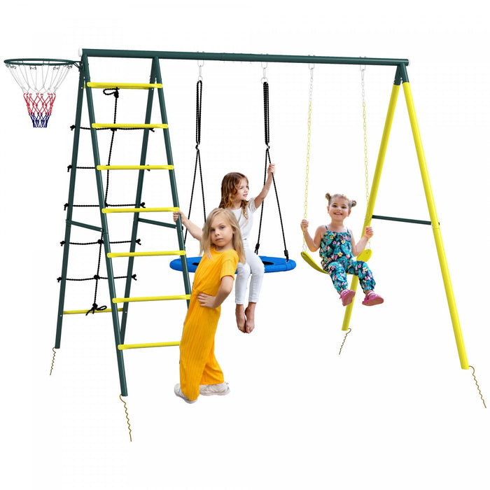 Outsunny 5 In 1 Swing Set For Kids With Saucer Swing, Seat, Climbing Ladder/net, Basketball Hoop, Me