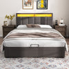 Kelly Upholstered Hydraulic Storage Bed with LED Lighting Headboard and Built-in Drawers,Queen Size,Grey Queen Bed  
