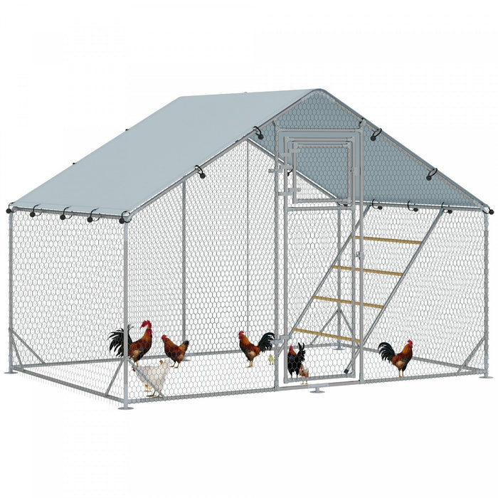 Pawhut Chicken Run, Large Metal Chicken Coop With Feeding Door, Waterproof & Uv-resistant Cover, Hanging Feeder, Perch, Poultry Cage For Outdoor, Backyard, Farm, For 6-8 Poultry