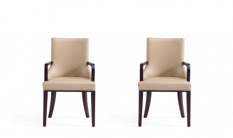 Shubert Modern Wood Vegan Leather and Velvet Armchair in Tan - Set of 2 