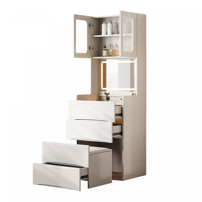 Emily 3-in-1 Vanity Table Set with LED Mirror and Storage,White Mirror Cabinet  