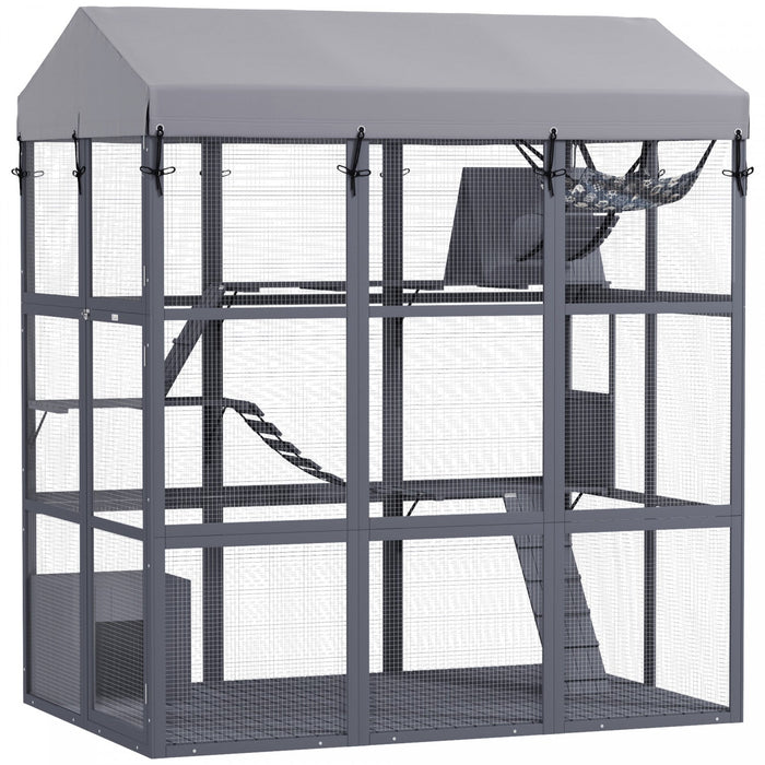 Pawhut Large Cat House With Anti-escape Floor, 81" H Wooden Catio Outdoor Cat Enclosure With Waterproof Cover, Walk In Door, Condo, Hammock, Ramp, Bridge, For 2-4 Cats