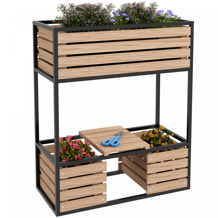 Outsunny 2-tier Raised Garden Bed, Elevated Planter Box With Storage Shelf, Wood Plant Stand For Flo