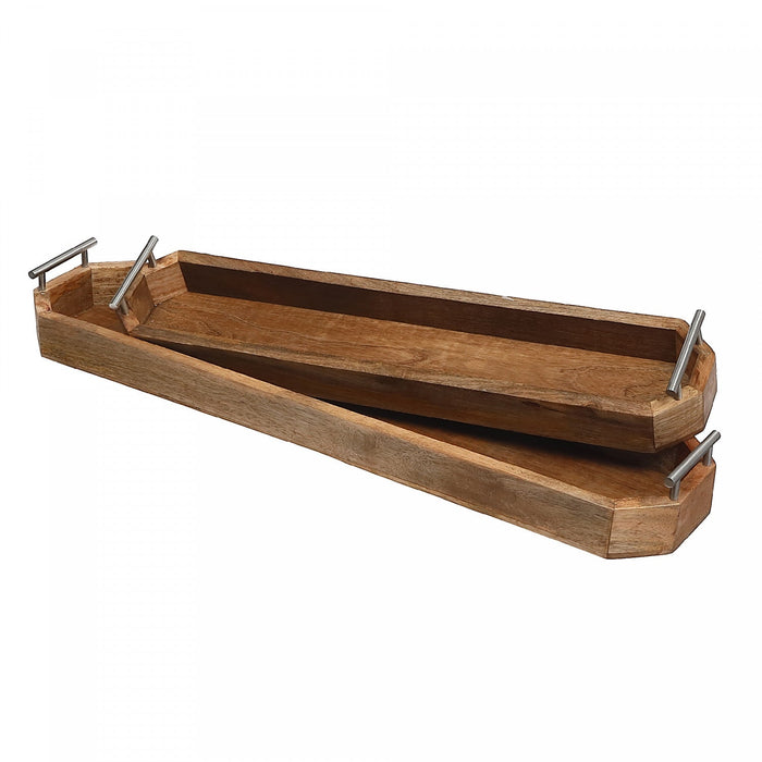 Set of 2 Mango Wood Long Trays with Handle