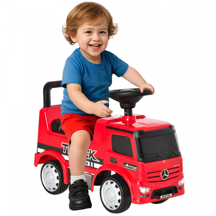 Qaba Mercedes-benz Antos Licensed Baby Car, Kids Ride On Car With Under-seat Storage, Foot To Floor Slider With Steering Wheel, Horn, Headlight, For 18-36 Months, Red