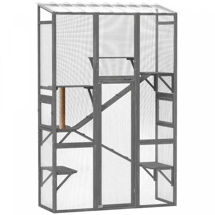 PawHut Catio Outdoor Cat Enclosure, Large Wooden Cat House with 6 Platforms, Scratching Post, 2 Ramps, Waterproof Roof, Walk-in Kitty Cage for 2–3 Kittens, 64" x 24" x 99", Grey