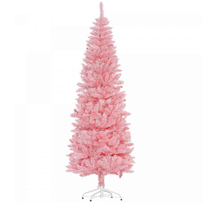 Homcom 7ft Tall Pencil Artificial Christmas Tree With Steel Base, Pink