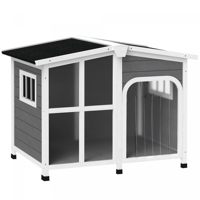 Pawhut Large 42in Wooden Dog House Outdoor With Removable Bottom, Cabin Style Raised Pet Kennel, With Openable Asphalt Roof, Door Curtain, Side Windows For Large Dog, Dark Grey