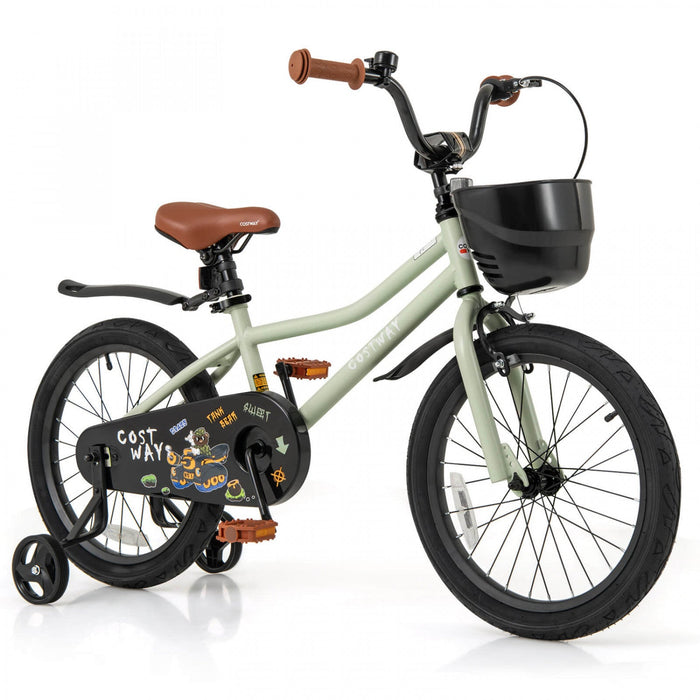 Costway 18" Kid's Bike With Training Wheels Adjustable Handlebar & Seat Handbrake Green