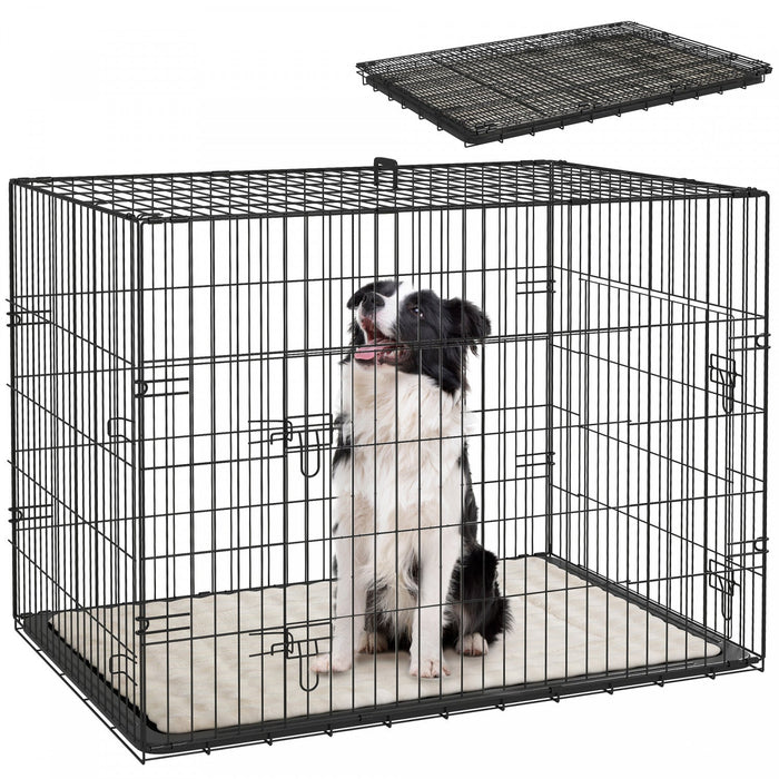 PawHut Dog Crate, 35" Folding Metal Dog Kennel with 2 Doors, Removable Tray, Soft Cushion, Handle, Pet Cage for Large Medium Breeds, Black