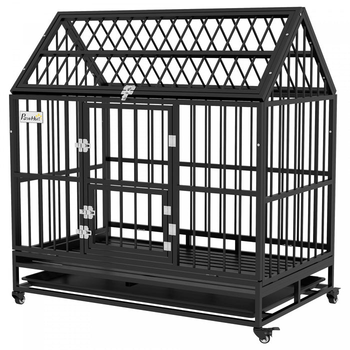 Pawhut 49\" Heavy Duty Dog Crate, Metal Dog Kennel Cage With Openable Roof, Removable Tray, Doors, Wh